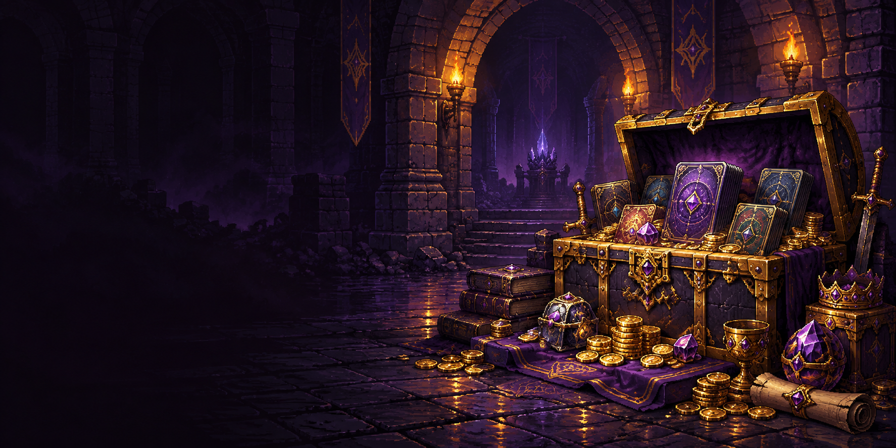 Una bóveda pixel-art llena de cartas y tesoros